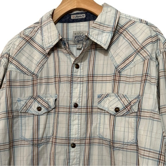 MoonShine Spirit Men’s Size L Light Blue Gray Plaid Pearl Snap Button Down Shirt - Picture 1 of 8